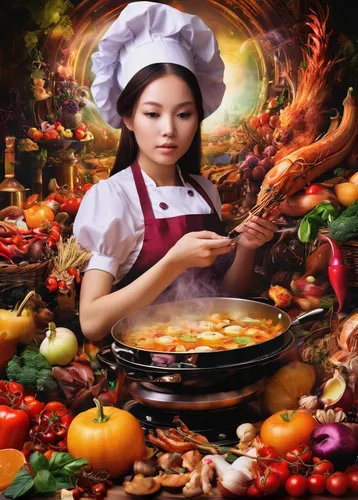 cooking book cover,tom yum kung,chef,girl in the kitchen,korean chinese cuisine,food and cooking,huaiyang cuisine,cooking vegetables,vietnamese cuisine,korean cuisine,ginseng chicken soup,chafing dish,thai cuisine,cookery,asian cuisine,kaeng som,chinese cuisine,laotian cuisine,gastronomy,culinary art,Illustration,Realistic Fantasy,Realistic Fantasy 37