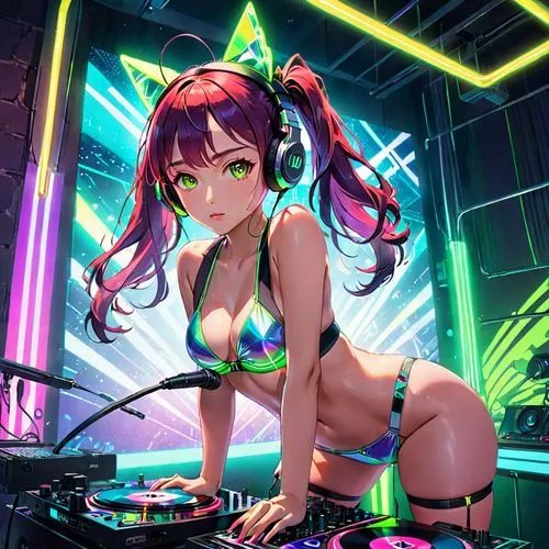 Holographic effect, in front of a wall full of yellow-green and purple-red gradient neon tubes, 8k, ultra-high definition, a handsome and fashionable female DJ with double ponytails, connected to LEDs