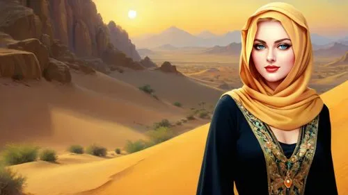 Romantic masterpiece oil painting, cute busty girl portrait, tight abaya dress, nostalgic 1950's style kitsch, breathtaking beautiful landscape, majestic Arabain desert scenery, exotic desert, highly 