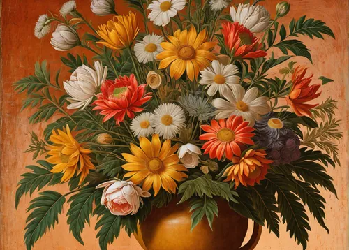 sunflowers in vase,vase,floral composition,flower vase,floral arrangement,still life of spring,orange flowers,floral ornament,chrysanthemums,flower painting,bouquets,chrysanthemums bouquet,flowers in basket,chrysanths,chrysanthemum exhibition,chrysanthemum grandiflorum,flower arrangement,bouquet of flowers,basket with flowers,marguerite,Art,Classical Oil Painting,Classical Oil Painting 19