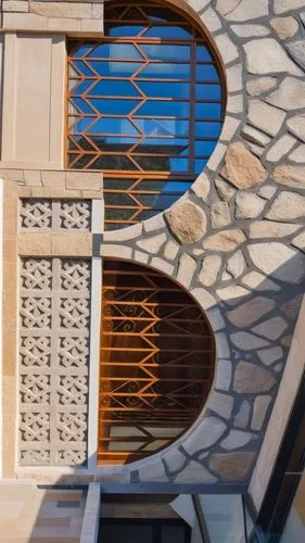 semicircular windows, nice security door, cover lower side of the wall with stone cladding. modern contemporary 
architecture
,window with grille,architectural detail,guell,art deco ornament,azulejos,