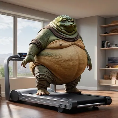  Jabba the Hutt walking on a treadmill in the living room, looking out the living room windows,treadmill,fitness room,home workout,minion hulk,weigh,prank fat,fatayer,fat,fitness coach,exercising,exer