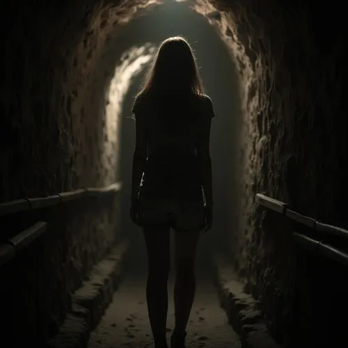 girl walking away,tunnel,hollow way,woman silhouette,in the dark,darkplace