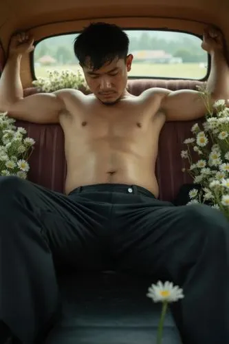 a soaking sweaty wet masculine average handsome chunky hairy naked Vietnamese sexy daddy with a small belly, light stubble and short hair sit in the backseat of a car, he is flirting with the camera, 