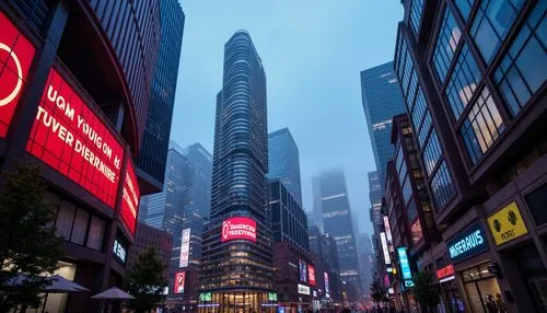 Vibrant cityscape, urban atmosphere, bold architectural forms, neon lights, dynamic color contrasts, high-contrast palette, bright accents, deep shadows, intense illumination, futuristic skyscrapers, 