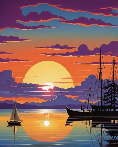 sailing blue purple,sailing boat,sailboat,sailing ships,sailing ship,sailing-boat,boat landscape,sea sailing ship,sailboats,sail ship,sail boat,sailing,sailing boats,sailing vessel,three masted sailing ship,tallship,old wooden boat at sunrise,scarlet sail,coast sunset,sail,Illustration,American Style,American Style 05