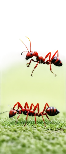 Animated ants, multiple ants, marching line, shiny exoskeleton, tiny eyes, antennae, busy movement, green grass background, warm sunlight, soft focus, cinematic composition, vibrant color tone, playfu