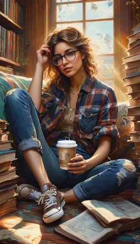 coffee and books,girl studying,librarian,tea and books,bookworm,reading glasses,woman drinking coffee,women's novels,scholar,sci fiction illustration,reading owl,reading,relaxing reading,author,books,girl with cereal bowl,read a book,tutor,book glasses,academic,Conceptual Art,Fantasy,Fantasy 05