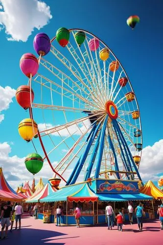 Vibrant amusement park, futuristic Ferris wheel, colorful balloons, festive lanterns, lively roller coaster tracks, thrill ride drops, spinning teacups, joyful carnival games stalls, sweet treats vend