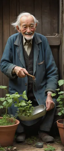 Create a heartwarming tale about a kind old man who grows a poptrie in his small garden, bringing hope and joy to his community.,permaculture,elderly man,junshan yinzhen,homeopathically,traditional ch