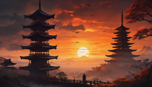 chinese temple,hanging temple,fantasy landscape,world digital painting,pagoda,chinese clouds,asian architecture,chinese architecture,japan landscape,oriental,oriental painting,forbidden palace,chinese art,red sun,chinese background,japanese background,mid-autumn festival,lanterns,ancient city,fantasy picture,Art,Classical Oil Painting,Classical Oil Painting 18