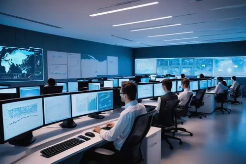 Modern data analytics center, futuristic interior design, sleek lines, minimalist aesthetic, rows of computer terminals, futuristic holographic displays, ergonomic chairs, busy analysts wearing glasse