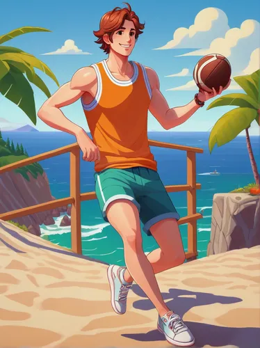 Alex, character, Stardew Valley, likes, complete breakfast, salmon dinner, sports, gridball, dog, energetic, sunny day, beach, outdoor, casual clothing, shorts, tank top, sneakers, brown hair, smiling