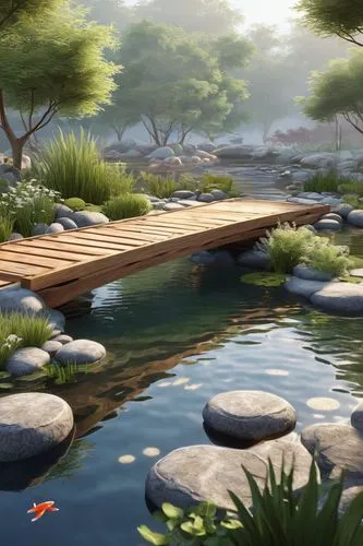 wooden bridge,koi pond,japanese garden,adventure bridge,landscape background,river landscape,japanese zen garden,zen garden,pond,wooden pier,cartoon video game background,world digital painting,wetland,fishpond,streamside,wooden path,japanese garden ornament,tranquility,lily pond,forest lake,Conceptual Art,Daily,Daily 35