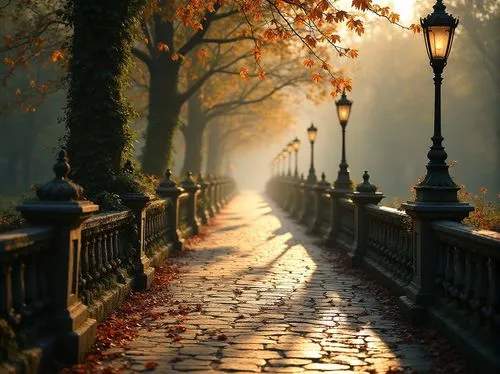 \Romantic pedestrian bridge, ornate iron railings, delicate filigree details, lantern-style streetlights, rustic stone piers, arched walkways, verdant ivy cover, misty atmosphere, warm golden lighting