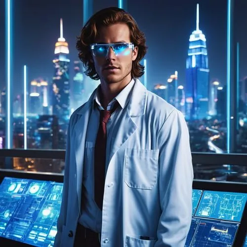 Wish AI, futuristic laboratory, holographic screens, sleek metal surfaces, neon lights, wires, circuits, robotic arms, advanced computers, glowing blue eyes, white lab coat, messy brown hair, glasses,