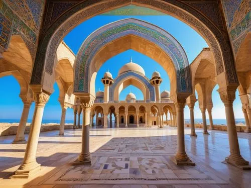 Seljuk architecture, ancient Turkish building, ornate stone carvings, intricate geometric patterns, grandiose entrance, high ceilings, majestic domes, colorful glazed tiles, Islamic calligraphy, ornam