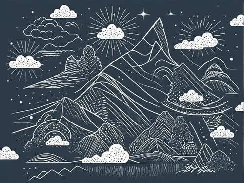 mountain, stars and clouds drawing on a paper,cloud mountain,mountain scene,snowy peaks,mountains,snow mountains,high mountains,Illustration,Black and White,Black and White 04