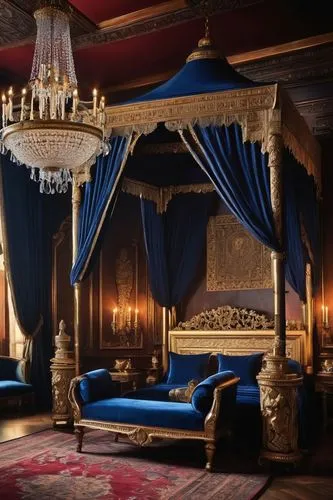 Luxurious Nyiad-inspired interior, dimly lit ambiance, intricate carvings on dark wood walls, ornate golden frames, velvet drapes with subtle sheen, majestic four-poster bed with crimson canopy, delic