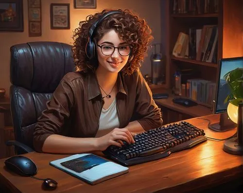 girl at the computer,secretarial,night administrator,librarian,telecommuter,blur office background,computerologist,wireless headset,girl studying,secretariats,office worker,desk lamp,programadora,the community manager,paraprofessional,deskjet,computer addiction,commissionner,computer skype,computer graphics,Conceptual Art,Fantasy,Fantasy 15