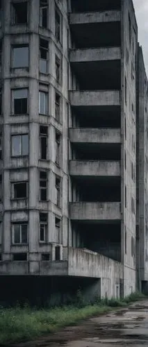 Soviet brutalism architecture, monumental concrete building, geometric shapes, angular lines, fortress-like structure, industrial windows, raw concrete texture, urban setting, overcast sky, dramatic s