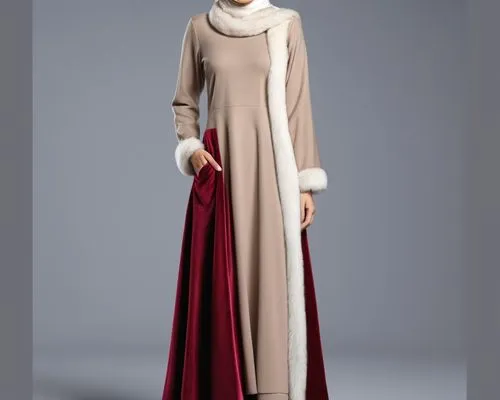 Wool design For Muslim hijab digital drawing with 3d with blain velvet design and long skirt with winter design wool design with fur,woman in a brown dress and a red velvet coat with fur collar,abayas