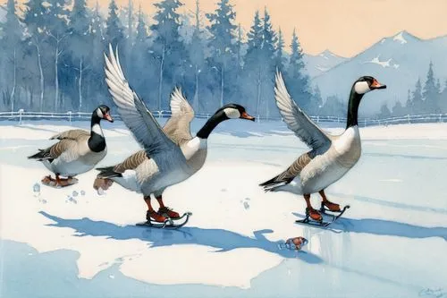 gray geese,canada geese,snowcocks,gooses,canards,geese,Illustration,Paper based,Paper Based 17