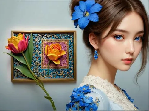 flower painting,blue flower,blue rose,beautiful girl with flowers,himilayan blue poppy,blue flowers,flower art,jasmine blue,girl in flowers,chinese art,blue petals,flower background,art painting,blue peacock,oriental painting,floral frame,romantic portrait,blue painting,fiori,hanbok