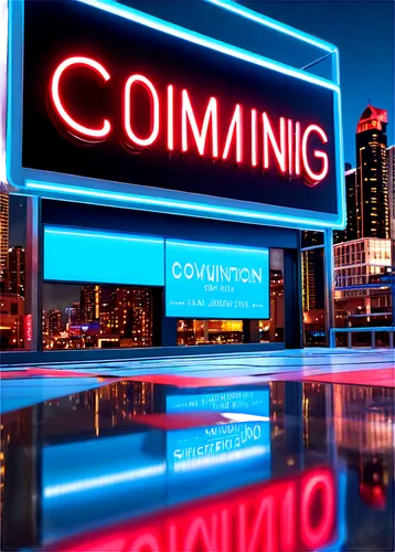 Coming soon sign, countdown numbers, futuristic neon lights, metallic frame, glass surface, reflective floor, modern architecture, cityscape background, night scene, cinematic lighting, low-angle shot