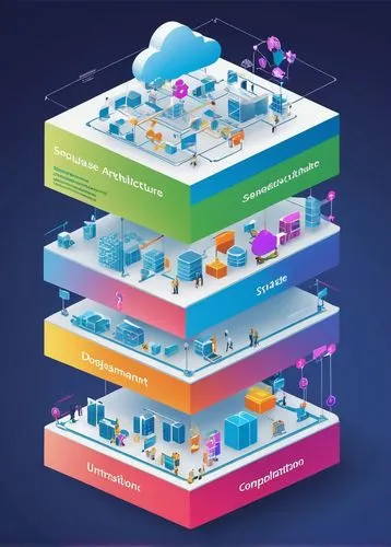 Software architecture diagram, complex system design, multiple layers, 3D visualization, futuristic neon lights, minimalist background, sleek lines, geometric shapes, nodes and edges, colorful icons, 