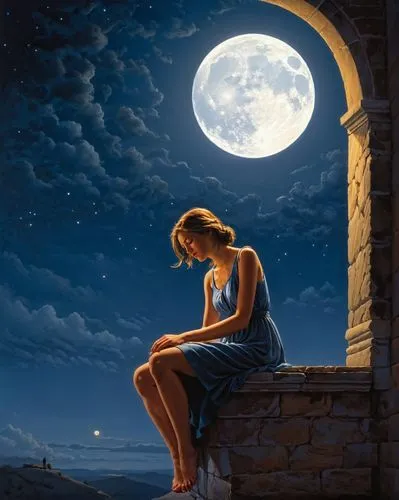 blue moon,moonlit night,woman thinking,night scene,blue moon rose,romantic night,moonlight,herfstanemoon,romantic scene,astronomer,moonlit,woman at the well,la nascita di venere,fantasy picture,contemplation,skywatch,night image,loneliness,moon night,the girl in nightie