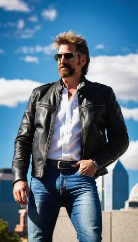 Male, mature photographer, casual wear, jeans, white shirt, black leather jacket, sunglasses, beard, messy hair, holding camera, standing, Denver cityscape, modern skyscraper, urban landscape, concret