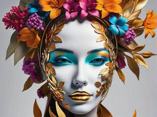 chevrier,flowerhead,rankin,flowerheads,decorative figure,girl in a wreath,diwata,venetian mask,headdress,masquerade,flora,viveros,golden wreath,automaton,floral composition,woman face,arcimboldi,sculptress,golden mask,biophilia,Photography,Artistic Photography,Artistic Photography 08