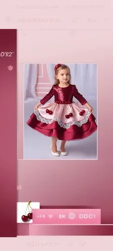 3d fashion drawing of satin dress for kids with sequin on the blouse with three lace layers with burgundy . first layer is light pink with cherries drawn on it.second layer is burgundy.third layer is 