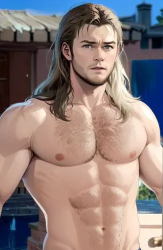 long hair chris hemsworth  shirtless,a male character with long hair wearing jeans,hanhardt,gladio,edge muscle,baras,tidus,rugal,Anime,Anime,General