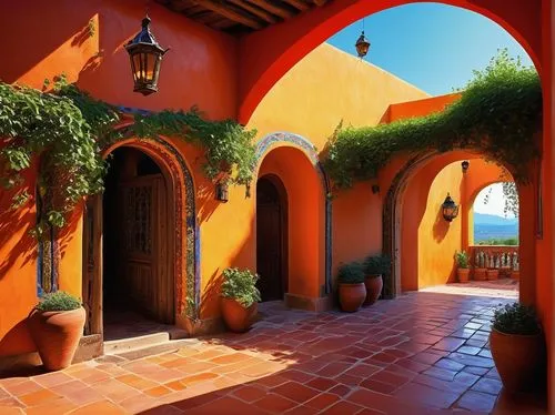 Traditional Mexican architecture, colorful stucco walls, ornate tile roofs, wooden doors with intricate carvings, ironwork balconies, vibrant red and green ceramics, lush greenery overflowing from cla