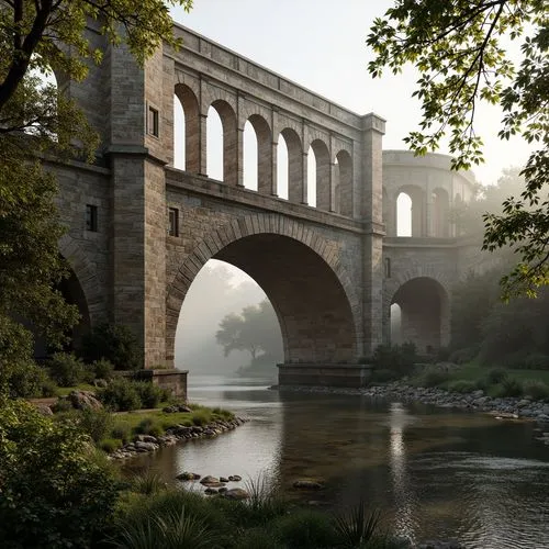 Ancient Romanesque bridge, robust stone arches, sturdy pillars, ornate carvings, intricate stonework, weathered rustication, rounded apertures, semi-circular windows, barrel-vaulted ceilings, groin va