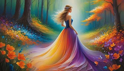 autumn background,colorful background,girl in a long dress,ballerina in the woods,forest background,fantasy picture,harmony of color,background colorful,autumn theme,art painting,flower painting,autumn landscape,splendor of flowers,boho art,vibrantly,girl with tree,fantasy art,enchanted forest,forest of dreams,faerie,Conceptual Art,Daily,Daily 32