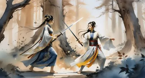 two beautiful women warriors are fighting with a sword , they wear ancient traditional dress with flora pattern , their eyes are looking at each other , the area is in the dark forest at night time , 