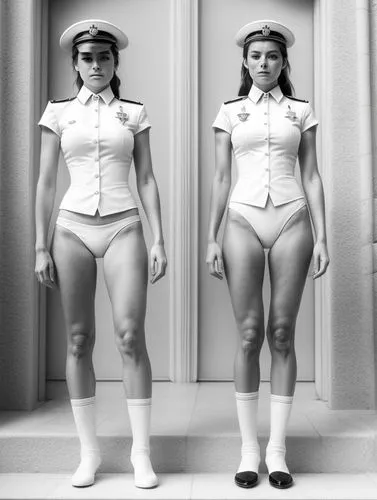 Black and white picture of the Monegasque palace guards in their new white sailor bikini uniforms looking after oneanother.,two models in bathingsuits stand in front of a doorway,stewardesses,stewarde