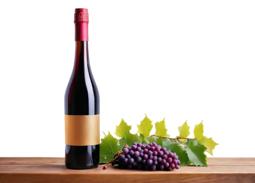 Purple grape wine bottle, glass with wine, solo, dimpled base, rounded body, long neck, golden foil wrapper, red grapes cluster, green leaves, wooden table, warm lighting, shallow depth of field, 3/4 