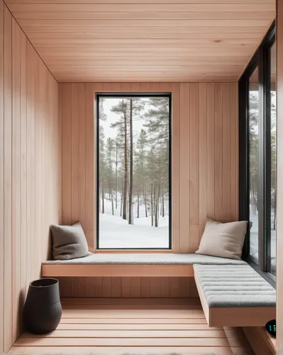 inside modern sauna in Finnish landscape view
,wooden sauna,timber house,inverted cottage,snowhotel,cubic house,small cabin,snow house,wooden house,snow shelter,winter house,wooden hut,wooden windows,