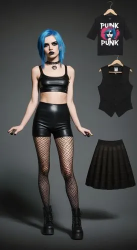 Paper doll 2d cartoon punk blue haired girl in black sleeveless shirt , black spandex shorts, complete full length fishnet and black punk knee Boots, standing surrounded by with a set of punk fashion 