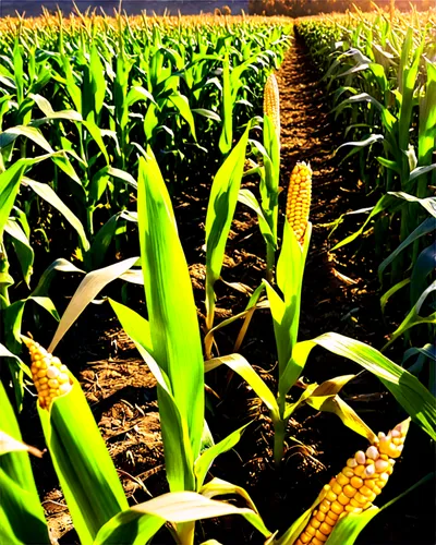 Golden fall corn field, vast landscape, afternoon sunlight, warm light casting long shadows, corn stalks towering above, green leaves rustling in gentle breeze, dry earth beneath, scattered fallen cor