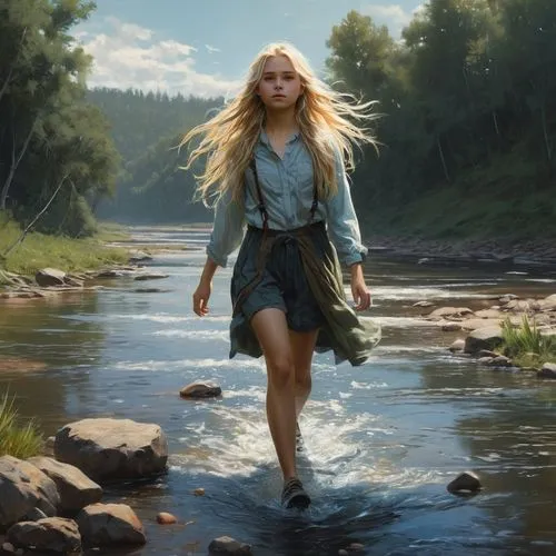 the blonde in the river,girl on the river,woman walking,girl walking away,world digital painting,low water crossing,river landscape,a river,to the river,fantasy portrait,the wanderer,fly fishing,fantasy picture,female runner,blonde woman,riverbank,digital painting,on the river,girl with bread-and-butter,sci fiction illustration,Conceptual Art,Fantasy,Fantasy 12