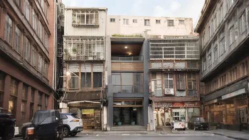 a street with two cars parked next to building,motomachi,tacheles,laneways,beyoglu,narrow street,raval