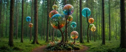 роща стройных деревьев,several decorative outdoor orb sculptures hanging from trees,cartoon forest,fairy forest,forest of dreams,fairy world,colorful balloons,enchanted forest,magic tree,easter tree,e