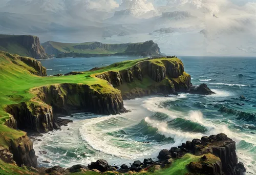 cliffs ocean,coastal landscape,schottland,fantasy landscape,sea landscape,an island far away landscape,seascape,cliffs,clifftops,isle of skye,hebrides,faroes,coastline,clifftop,dragonstone,ireland,orkney island,seascapes,world digital painting,rocky coast