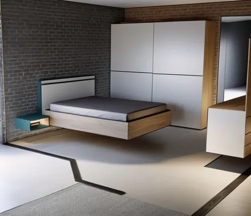 Stanza da letto moderna in bianco e nero, con le seguenti caratteristiche e quote:

Dimensioni della stanza: 387 cm di larghezza per 344 cm di profondità.
Letto contenitore sospeso: Posizionato sul la