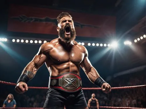 Muscular man, the Tennessee Terror, wrestling champion, intense facial expression, beard, messy brown hair, tattoo sleeves, black trunks, championship belt, confident pose, flexing muscles, wrestling 